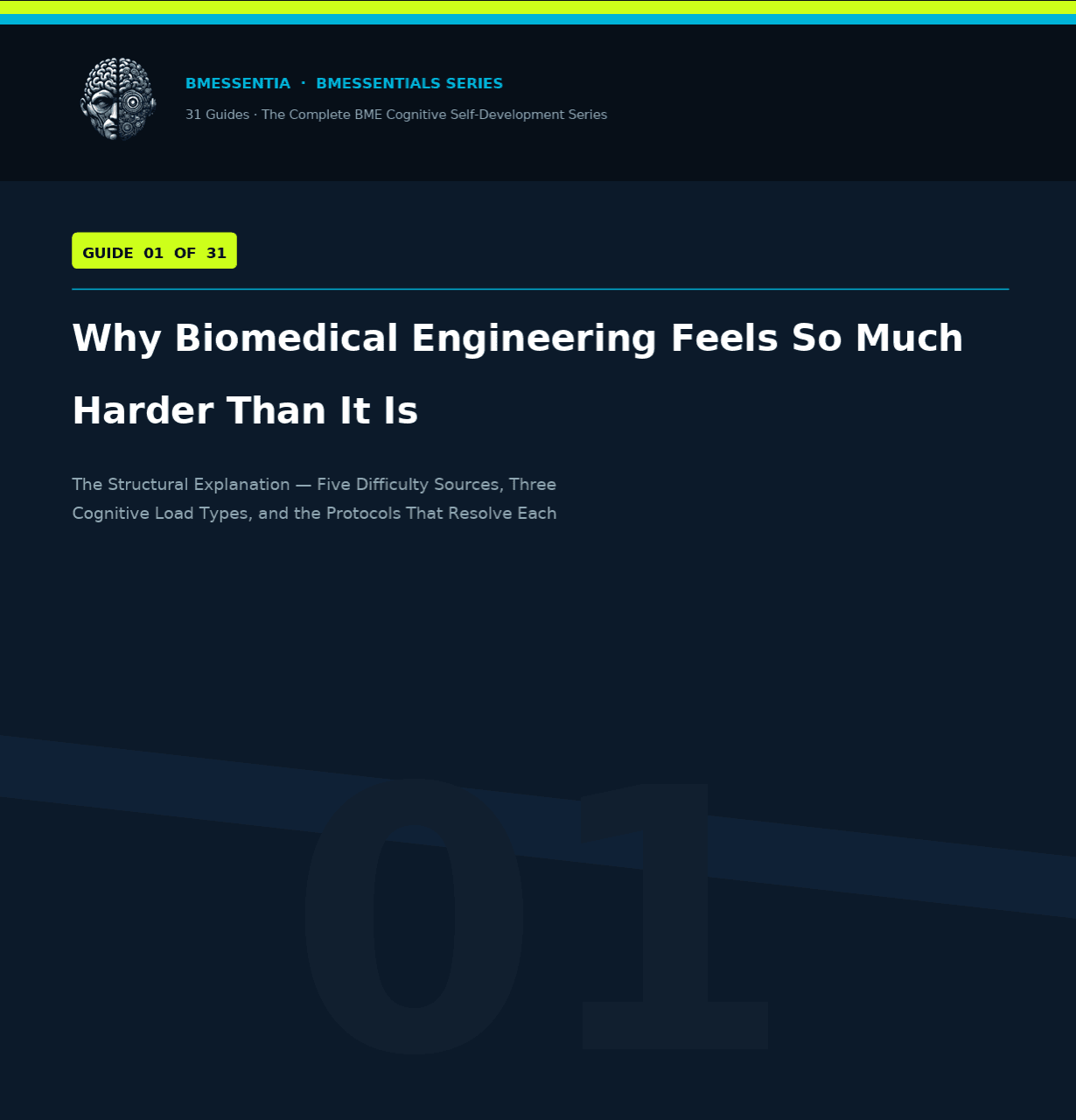 Why Biomedical Engineering Feels So Much Harder Than It Is: Five Difficulty Sources, Three Cognitive Load Types, and the Protocols That Resolve Each. A BMEssence guide cover, Cognitive Intelligence series.