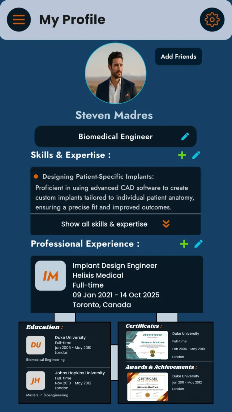 An example profile in the App: photo, title, skills and expertise, experience, education and certificates