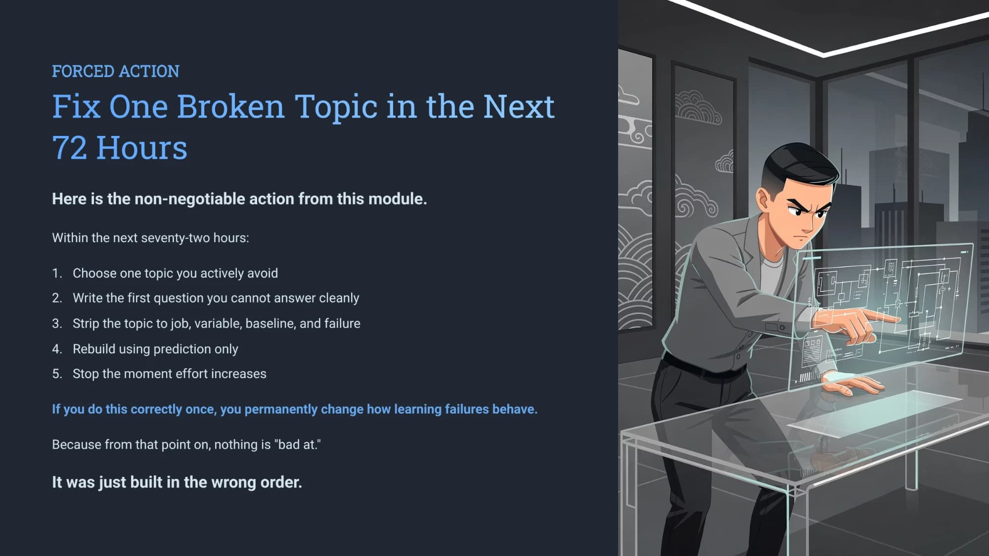 A BMEssentials playbook page: Forced Action, fix one broken topic in the next 72 hours