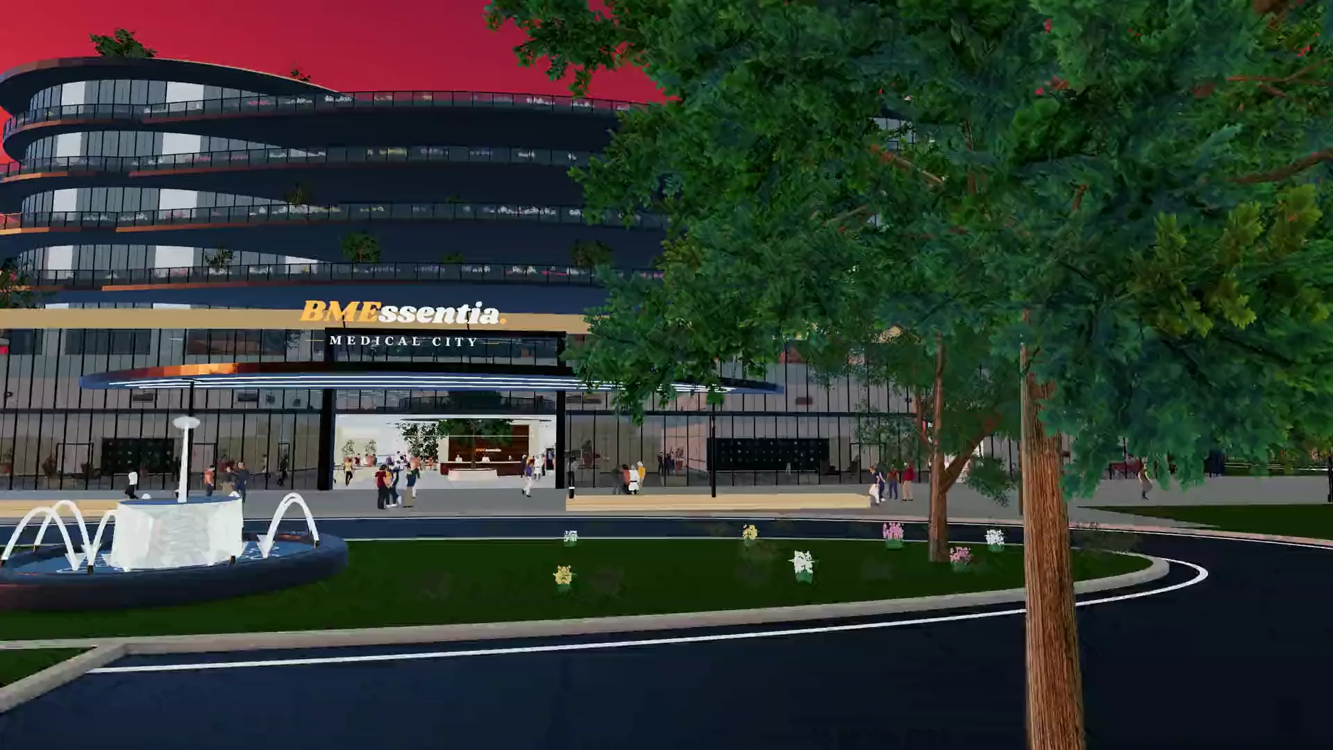 Walking from the fountain to the Grand Entrance of Medical City at sunset and into the Grand Promenade