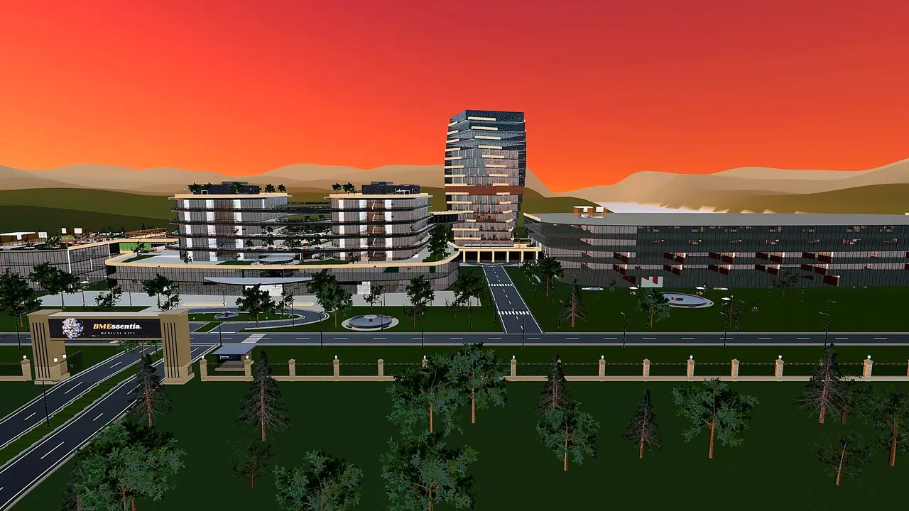 BMEssentia Medical City, the whole campus at golden hour
